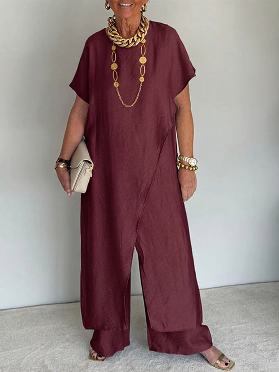 🤩🤩Women's Cozy Loose Fit Asymmetrical Two-Piece Set - Casual Retro Cotton Blend Outfit