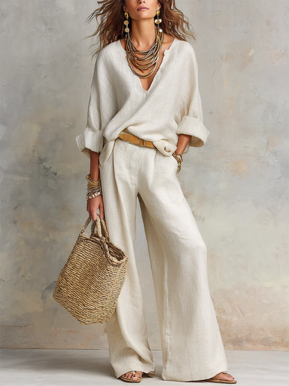 💝💝Cozy Minimalist V-neck Cotton-linen Two-piece Set