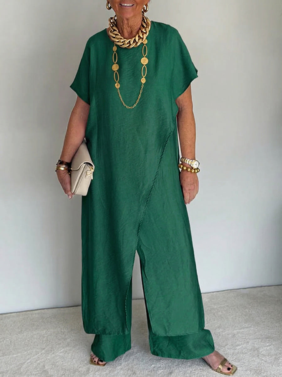🤩🤩Women's Cozy Loose Fit Asymmetrical Two-Piece Set - Casual Retro Cotton Blend Outfit