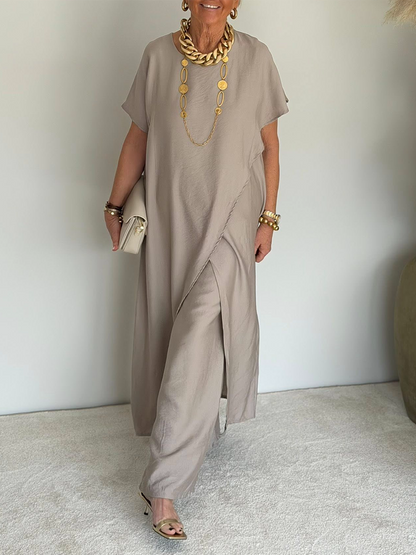 🤩🤩Women's Cozy Loose Fit Asymmetrical Two-Piece Set - Casual Retro Cotton Blend Outfit