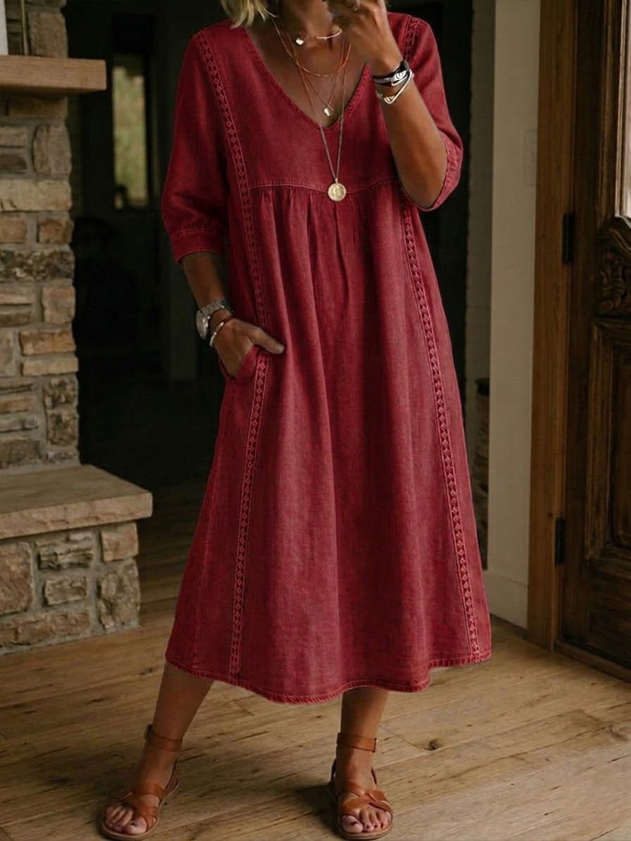 🤩🤩Casual Loose-fitting Patchwork Lace Trim Linen And Cotton Dress