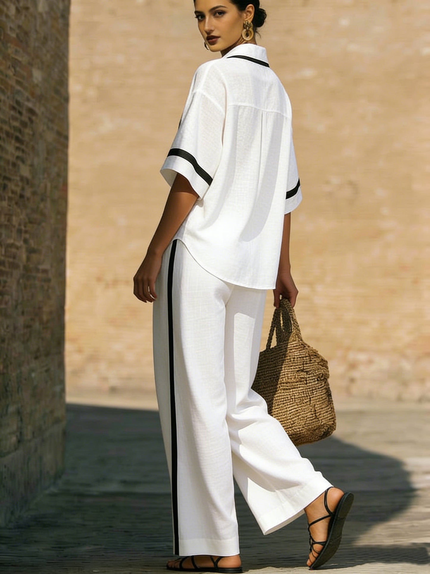 🤩🤩Stylish Trimmed Edge Color-blocked Cotton Linen Two-piece Set