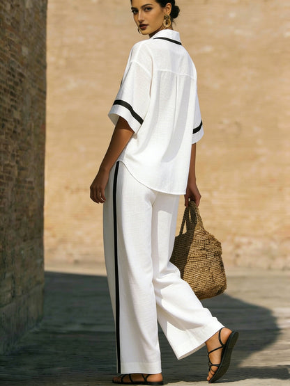 🤩🤩Stylish Trimmed Edge Color-blocked Cotton Linen Two-piece Set
