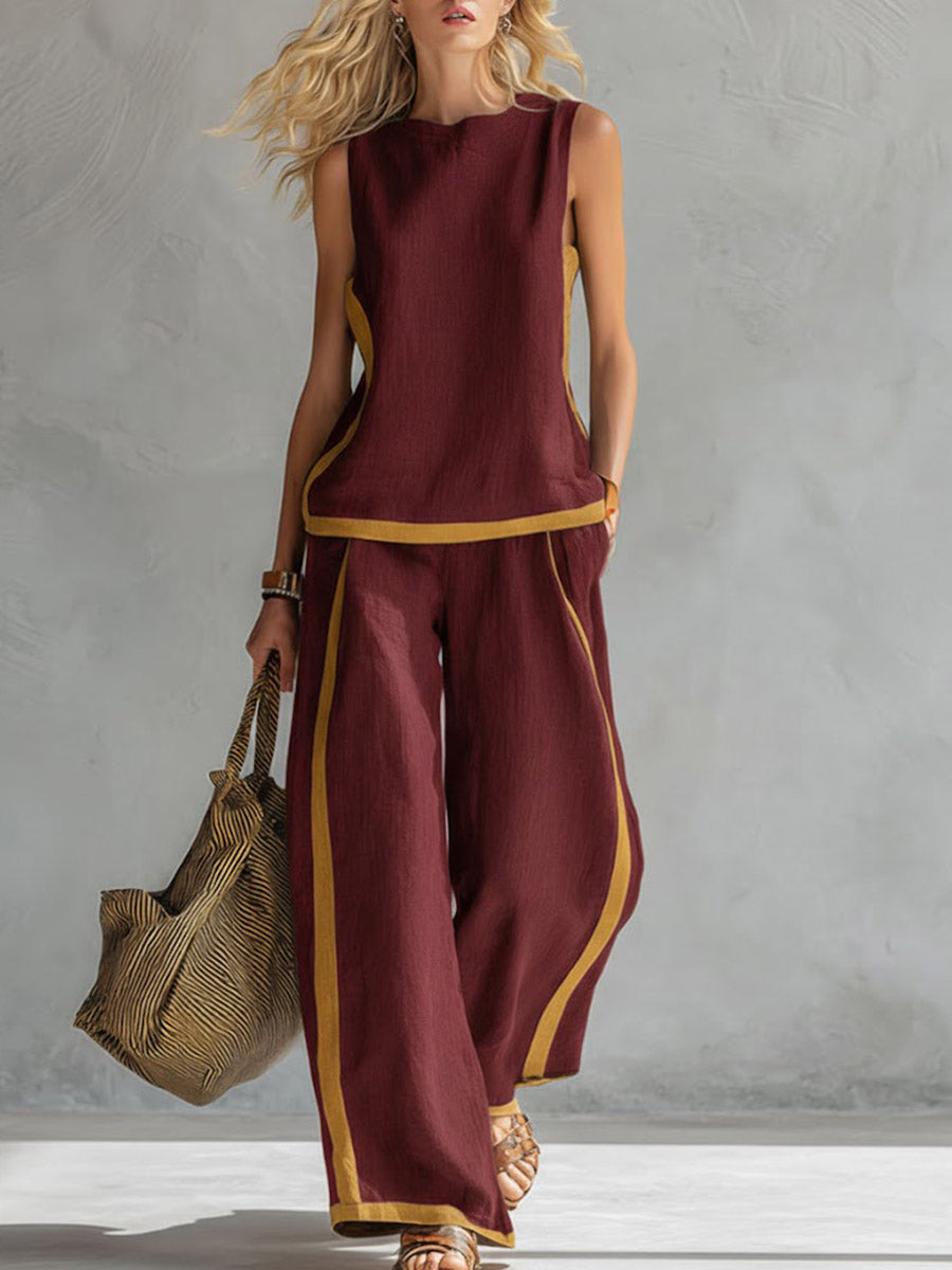 🤩🤩Women's Round Neck Sleeveless Casual Loose Top And High-waisted Loose Wide-leg Pants Cotton And Linen Set.