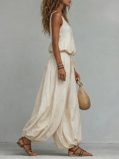 💝💝Women's Cotton-linen Embroidered Vest Lantern Wide-leg Pants