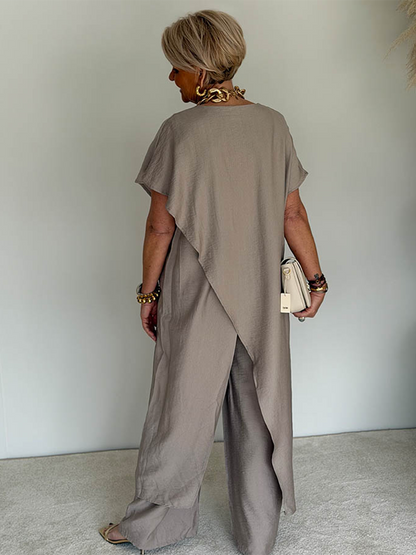 🤩🤩Women's Cozy Loose Fit Asymmetrical Two-Piece Set - Casual Retro Cotton Blend Outfit