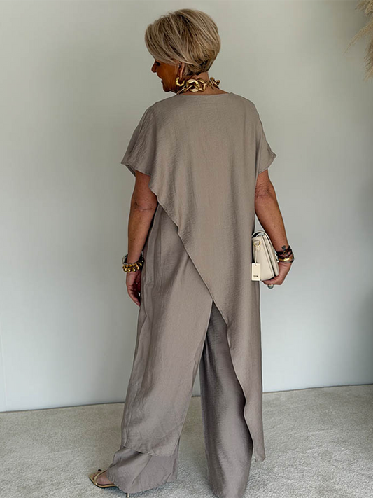 🤩🤩Women's Cozy Loose Fit Asymmetrical Two-Piece Set - Casual Retro Cotton Blend Outfit