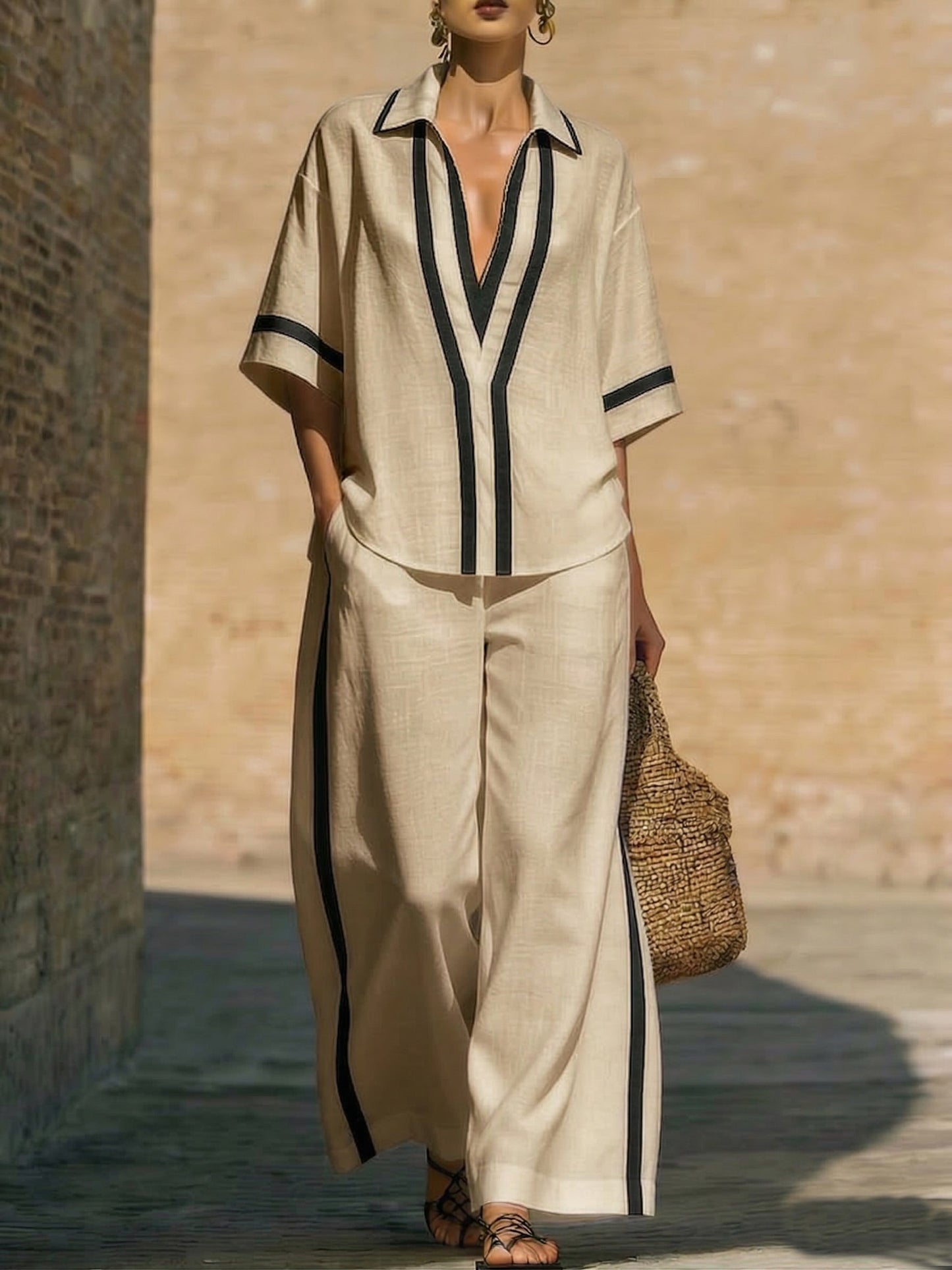 🤩🤩Stylish Trimmed Edge Color-blocked Cotton Linen Two-piece Set