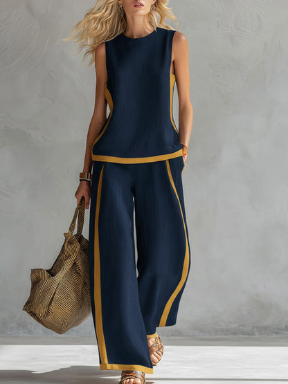 🤩🤩Women's Round Neck Sleeveless Casual Loose Top And High-waisted Loose Wide-leg Pants Cotton And Linen Set.