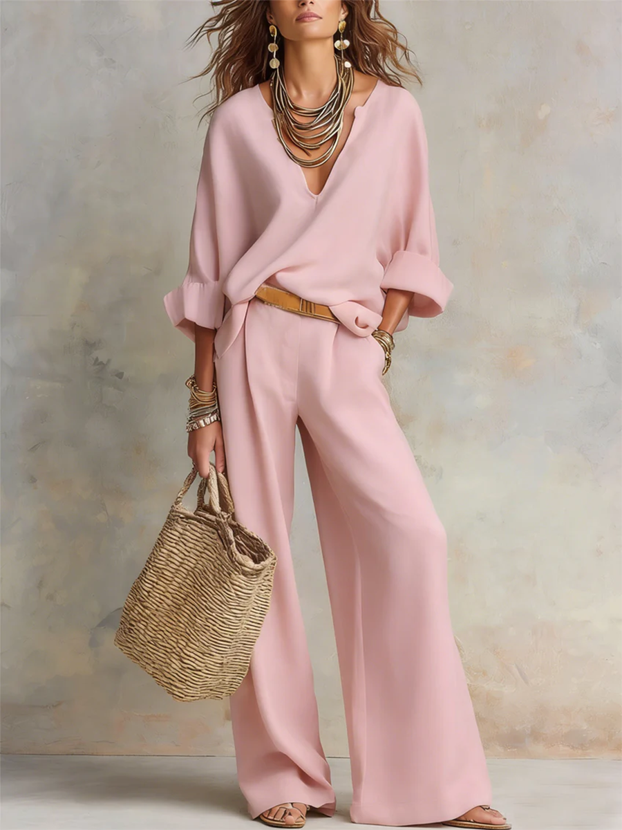💝💝Cozy Minimalist V-neck Cotton-linen Two-piece Set