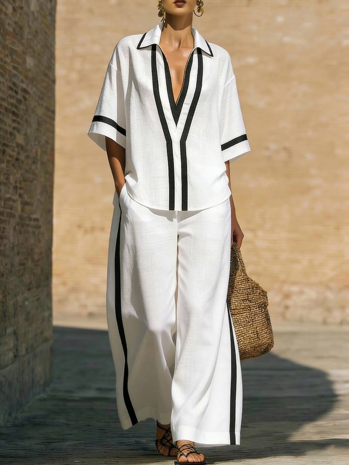 🤩🤩Stylish Trimmed Edge Color-blocked Cotton Linen Two-piece Set