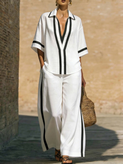 🤩🤩Stylish Trimmed Edge Color-blocked Cotton Linen Two-piece Set
