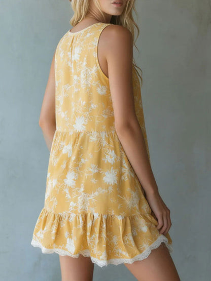 💝💝Women's Yellow Printed Silk-blend Sleeveless Mini Dress With Lace Trim And V-neck