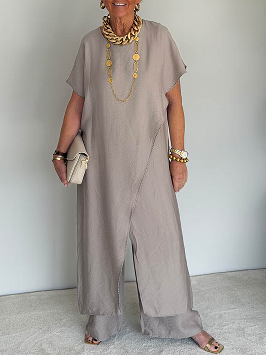 🤩🤩Women's Cozy Loose Fit Asymmetrical Two-Piece Set - Casual Retro Cotton Blend Outfit