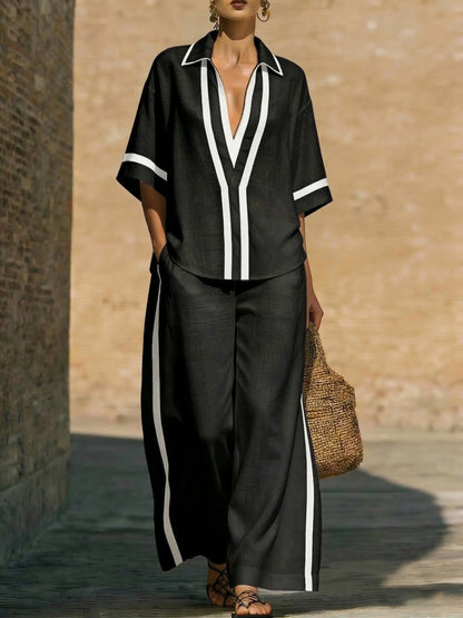 🤩🤩Stylish Trimmed Edge Color-blocked Cotton Linen Two-piece Set