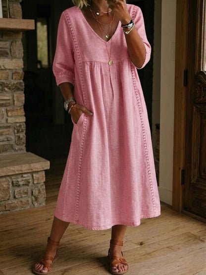 🤩🤩Casual Loose-fitting Patchwork Lace Trim Linen And Cotton Dress