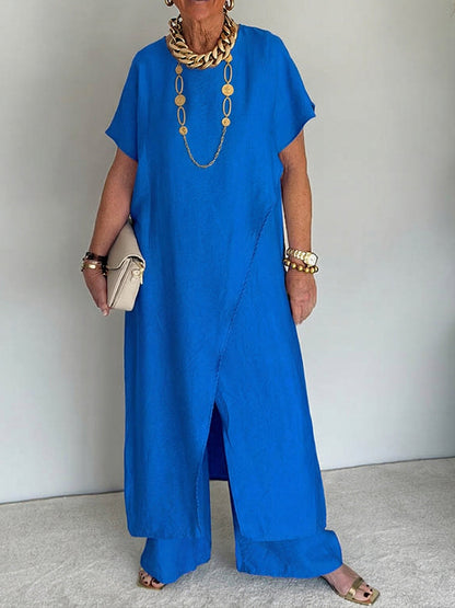 🤩🤩Women's Cozy Loose Fit Asymmetrical Two-Piece Set - Casual Retro Cotton Blend Outfit