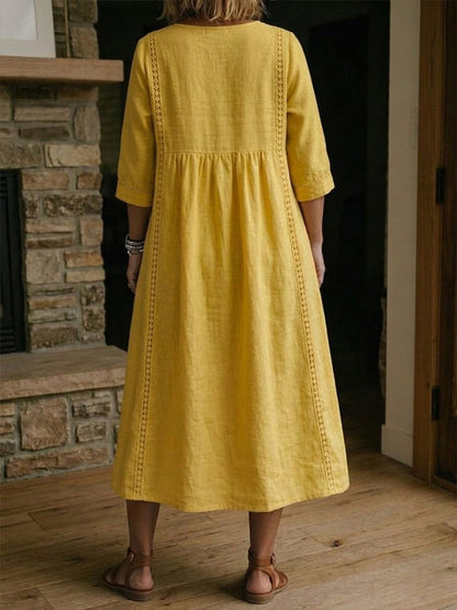 🤩🤩Casual Loose-fitting Patchwork Lace Trim Linen And Cotton Dress