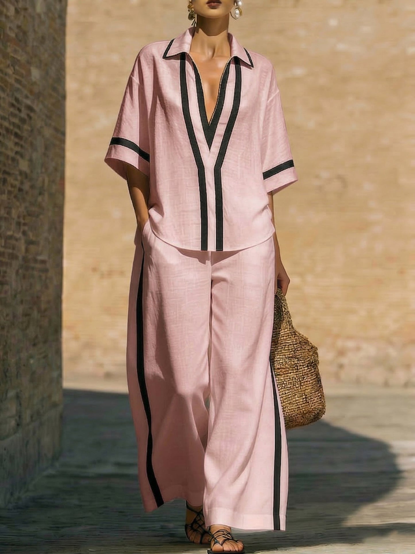 🤩🤩Stylish Trimmed Edge Color-blocked Cotton Linen Two-piece Set
