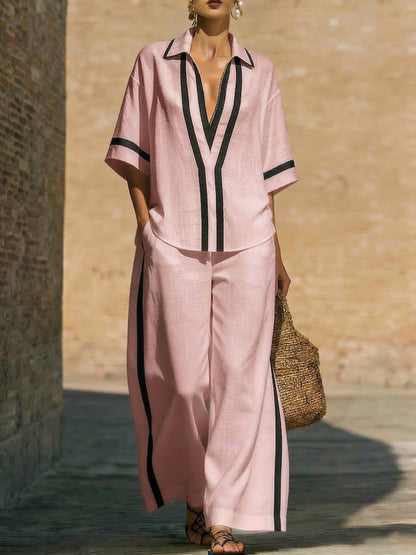 🤩🤩Stylish Trimmed Edge Color-blocked Cotton Linen Two-piece Set