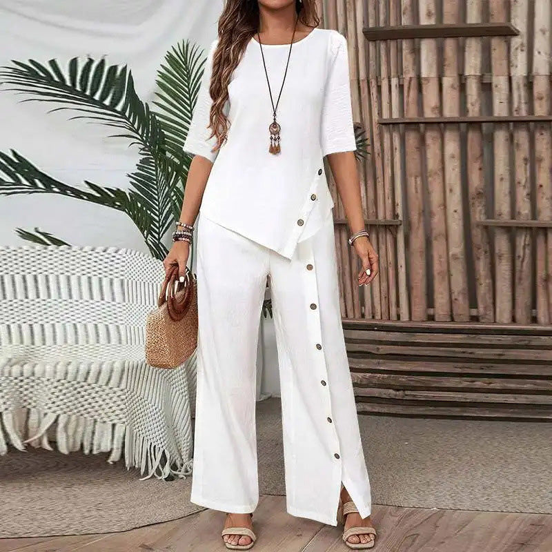 🤩🤩Women's Irregular Hem Top & Wide Leg Pants Two-Piece Set