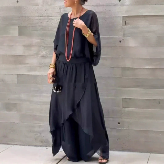 🤩🤩Spring Sale💖Loose Top & Slit Wide-Leg Pants Chiffon 2-Piece Set